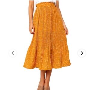 EXLURA High Waist Yellow Polka Dot Pleated Midi Swing Skirt with Pockets Size L